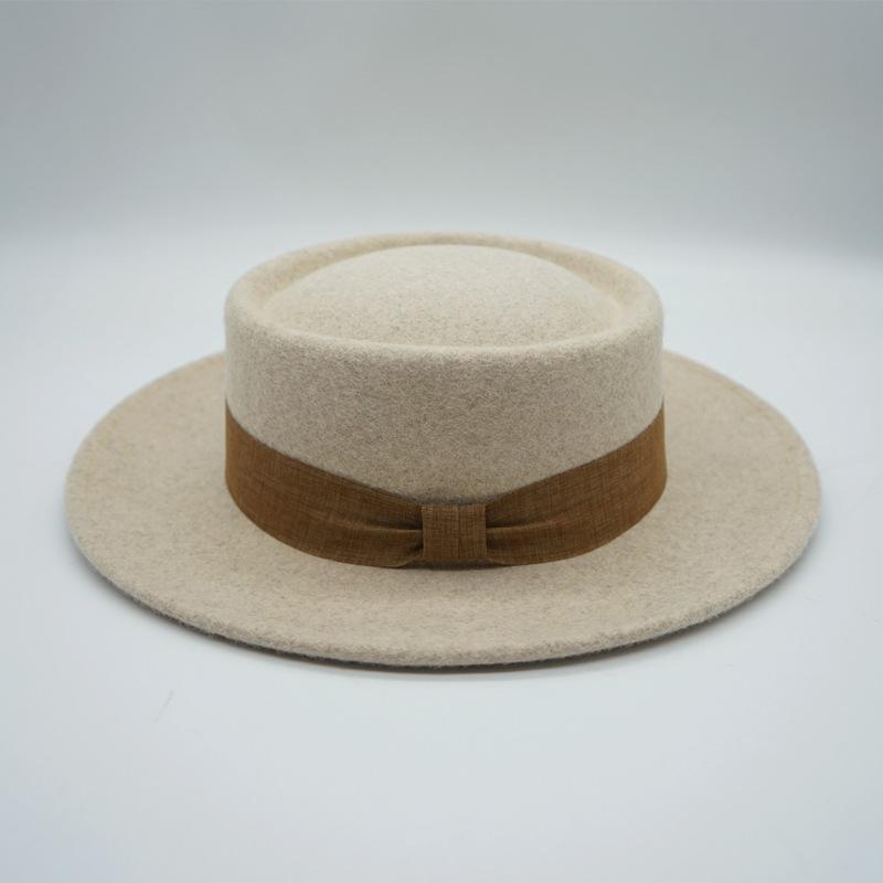 Beige Elegant Retro French Wool Flat Top Top Top Hat Women'S Autumn And Winter Japanese Korean Felt Wide Eaves British Flat Eaves