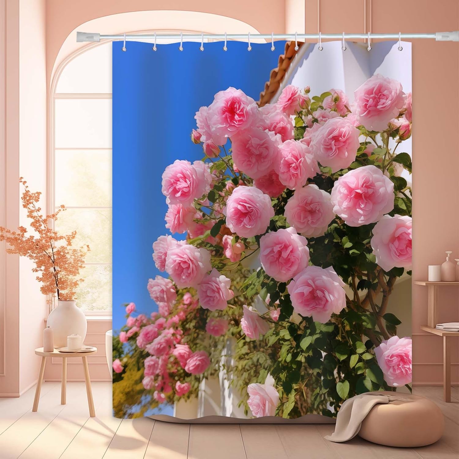

Pink Rose Floral Shower Curtain Spring Nature Garden Botanical Bathroom Decor, Waterproof Fabric with Hooks, 72x72 Inch 90x180cm
