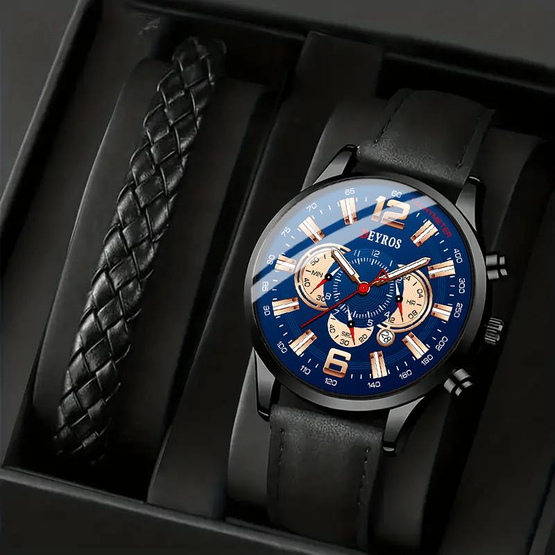 

2 шт./набор, 1 шт. мужские повседневные спортивные кварцевые часы аналоговые наручные часы из искусственной кожи и 1 шт. браслет с