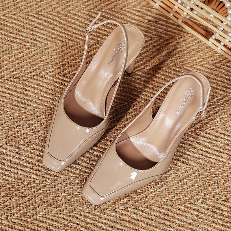 Baotou Sandals 2025 New Patent Leather Splicing Red High Heels Thick Heel Not Tired Feet Summer Square Head Empty Single Shoes