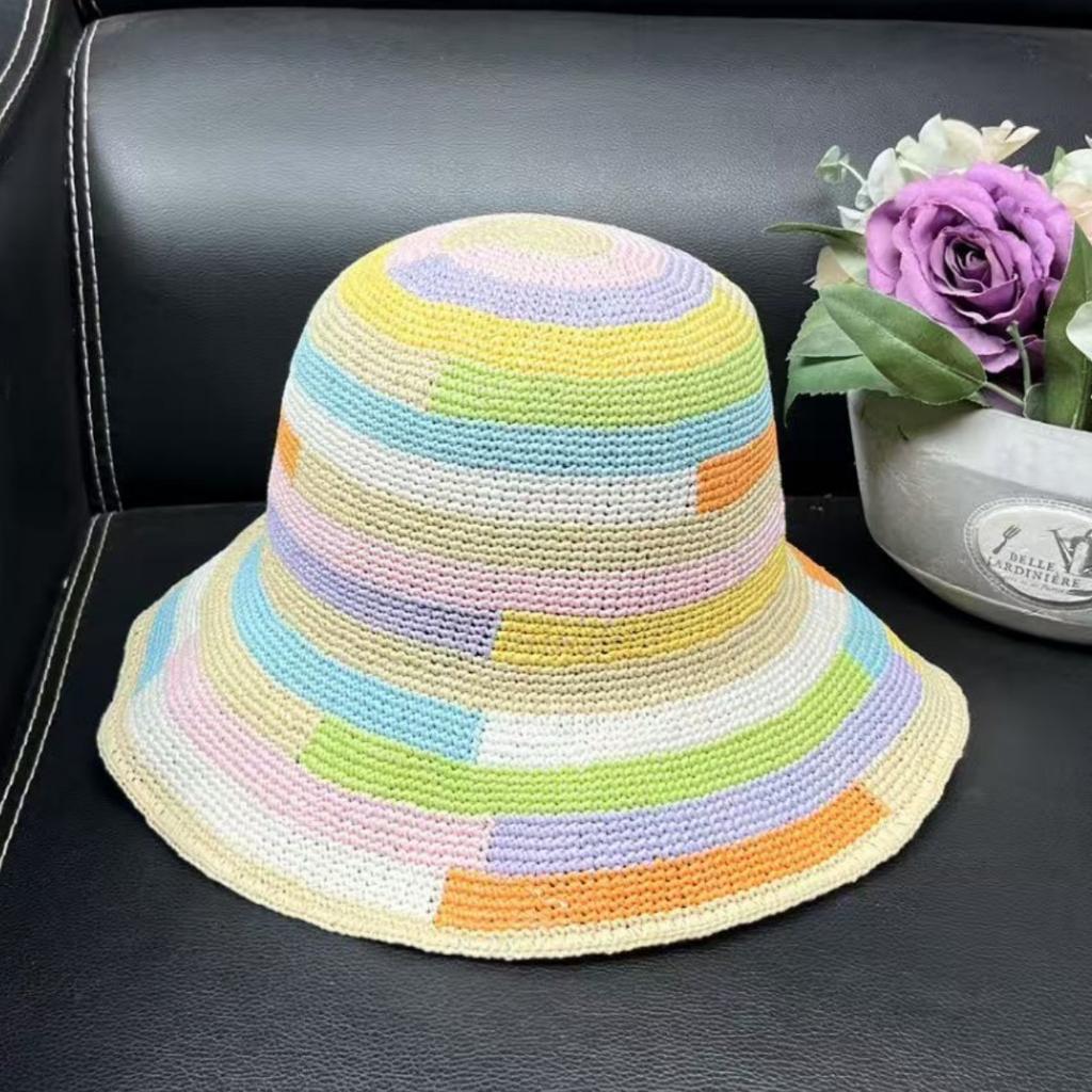 Handmade crochet foldable rainbow color matching straw hat women's summer travel sunshade sunscreen beach sun hat