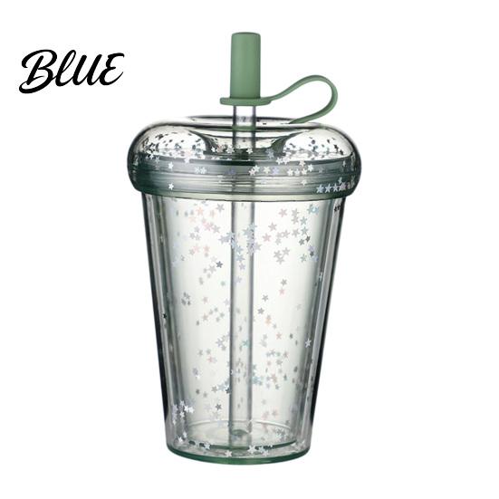 Outdoor Outing Water Container Transparent Straw Cup with Sequins Decor And Leak Proof Reusable Bubble Tea Cup Lid Plastic Sippy for Students Teens