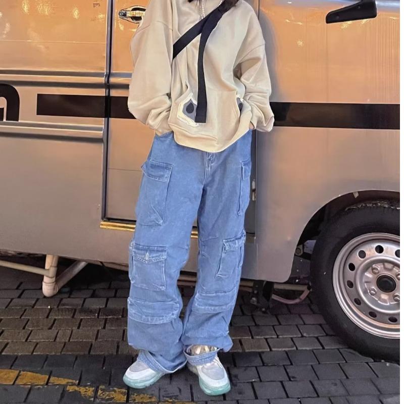 

Женские джинсы Design Sense Niche Workwear, ретро-брюки с несколькими карманами, прямые свободные повседневные брюки 3XL синий