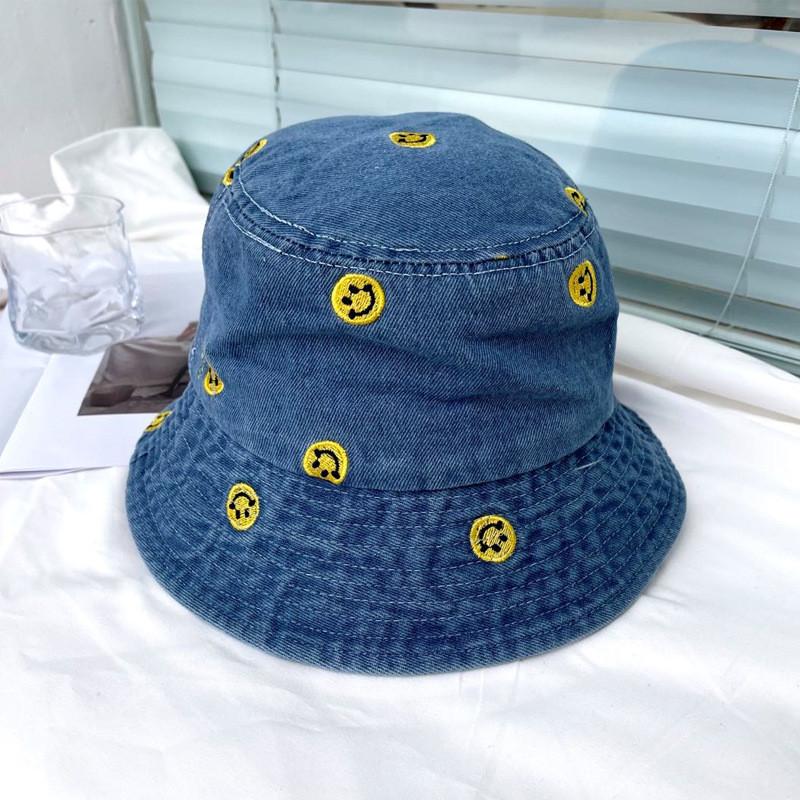 Simple Smiley Face Casual Denim Fisherman Hat Women Harajuku Vintage Bucket Hat Korean Style Spring Summer Sun Hat Men 2021