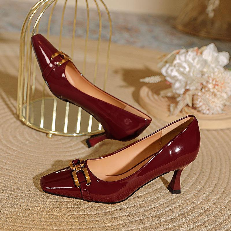Square head high heels stiletto 7cm sexy red wedding shoes spring French small heel light mouth single shoes
