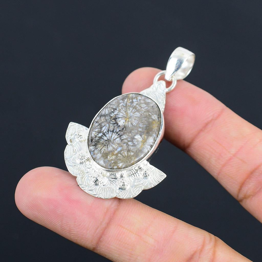 Natural Fossil Coral Gemstone Jewelry 925 Sterling Silver Pendant For Girls