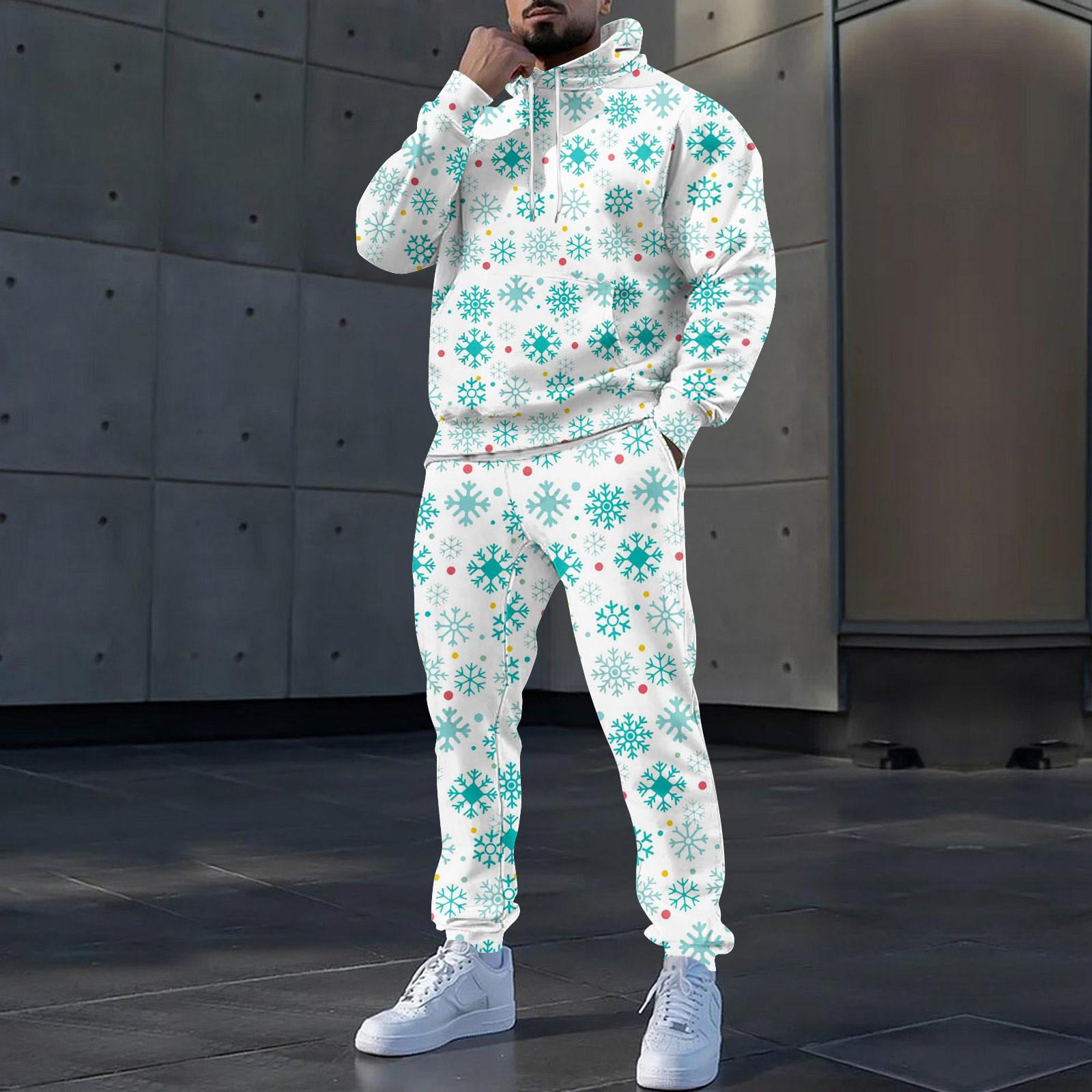 

Мужские зимние рождественские принты с длинным рукавом толстовки с капюшоном толстовка брюки костюм XXL циан