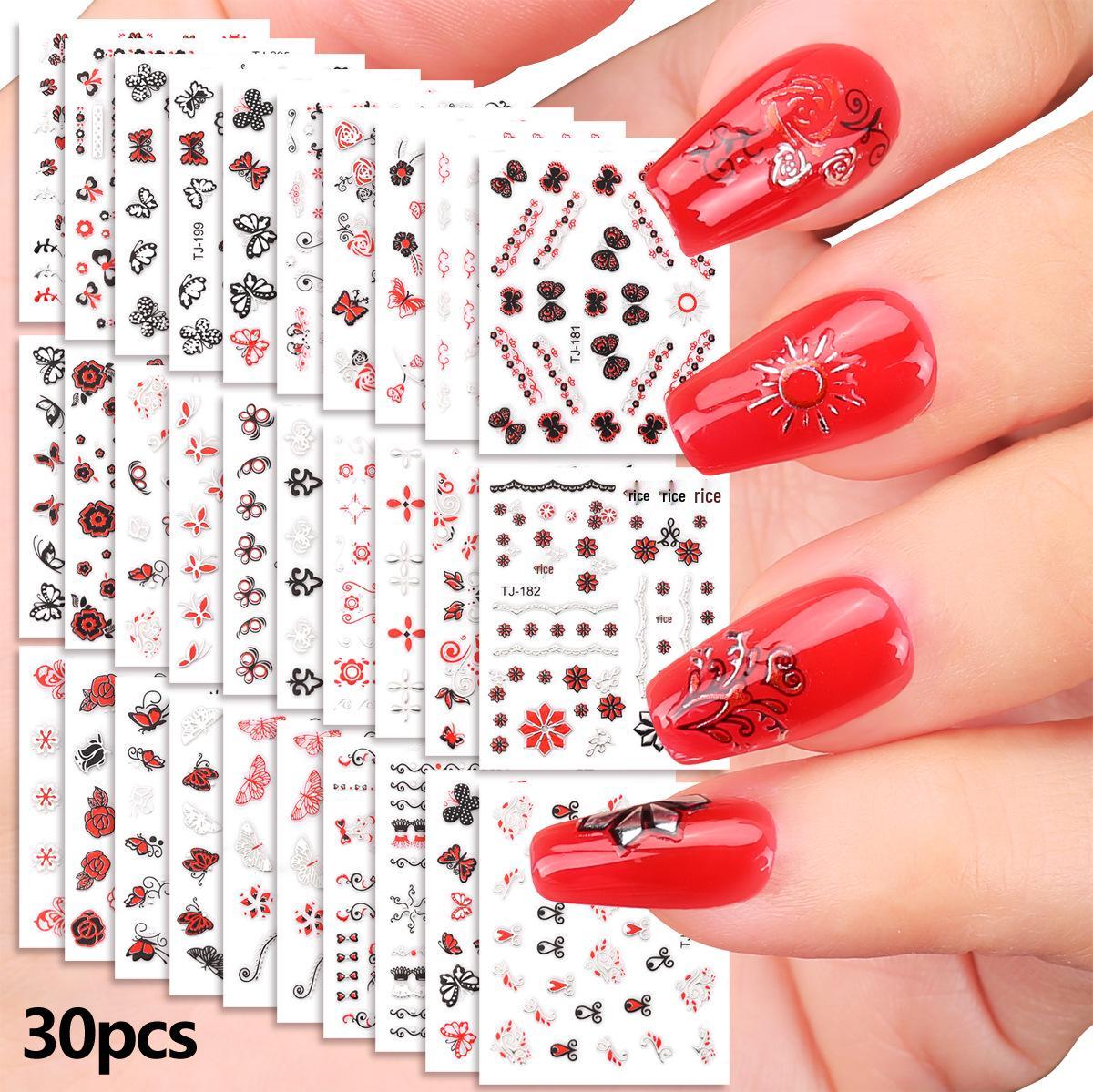 

3D Silver Butterfly & Flower Nail Art Stickers - Red/Black, Pack of 30
