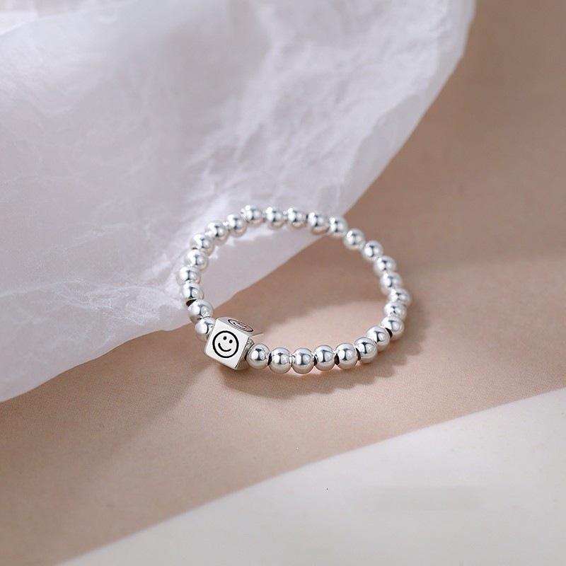 925 Sterling Silver Smiley Face Ring for Women - Round Bead Design, Plain Band, Ideal Summer Accessory