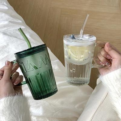 400ml Retro Skleněný Tumbler s Víčkem a Brčkem Skleněný Šálek na Kávu Hrnček z Tlustého Skla Hrnček na Mléko Šálek na Džus Průhledný/Zelený Šálky na Džus Mocha
