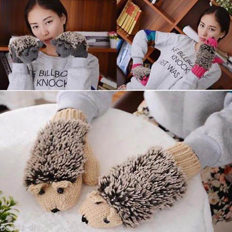 Cozy Women Girls Warm Cartoon Hedgehog Gloves Soft Knitted Winter Mittens