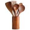 6PCS Wood Kitchenware Cooking Household Spatula Spoon Set Salad Spoon Fork Stirring Spoon Kitchen Baking Set with Storage Bucket