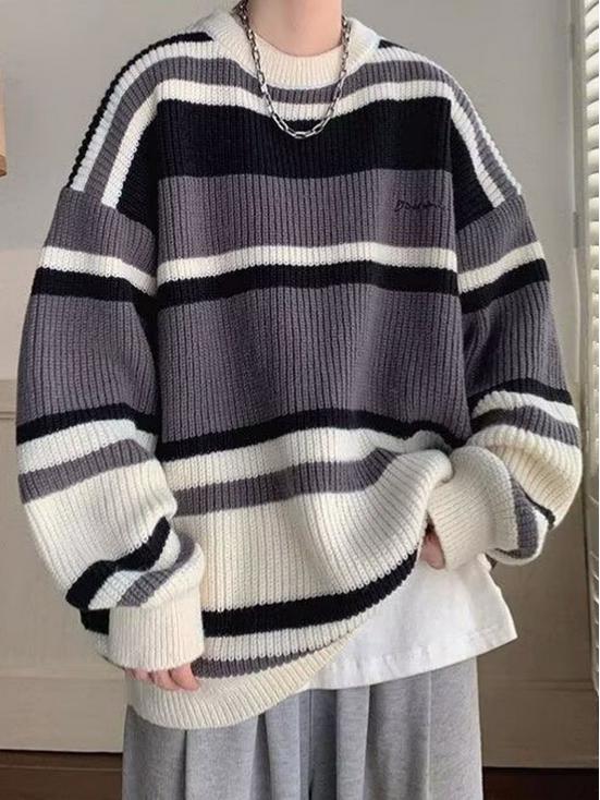 Men's Retro Striped Color-Block Knit Sweater - Casual & Loose Fit for Autumn/Winter