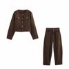 2025 Spring Women's European & American Style Brown Crew Neck Jacket and High Waist Pants Set
