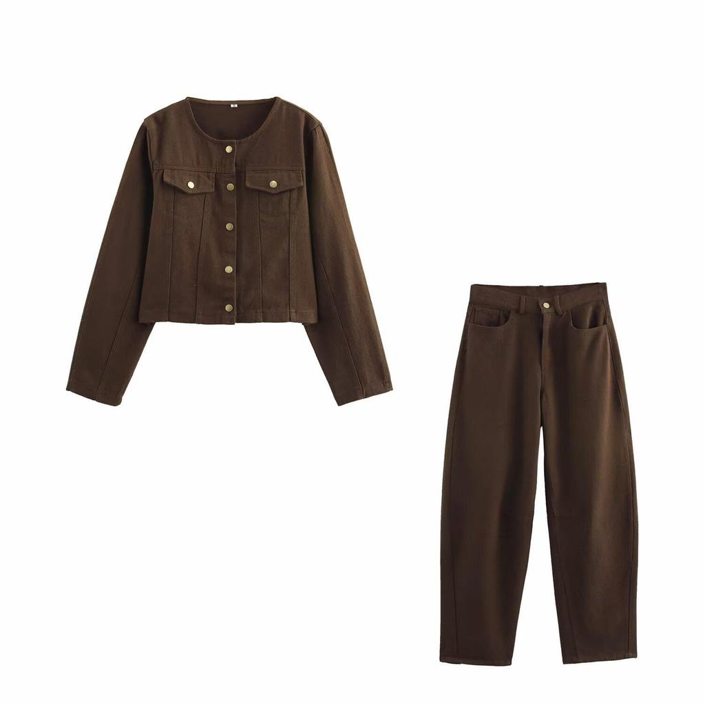 2025 Spring Women's European & American Style Brown Crew Neck Jacket and High Waist Pants Set