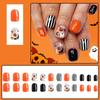 24Pcs Halloween Fake Nail With Spooky Ghostly Stripes Pumpkin Bat Patterns Plastic Nail Art For Women Party Decoration