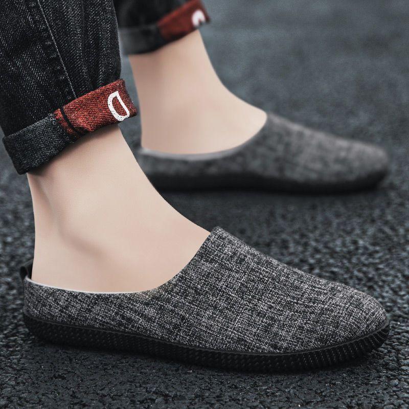 Men's Summer Half-Slip Breathable Closed-Toe Sandals Non-Slip Odor-Resistant Beach Linen Lazy Slip-On