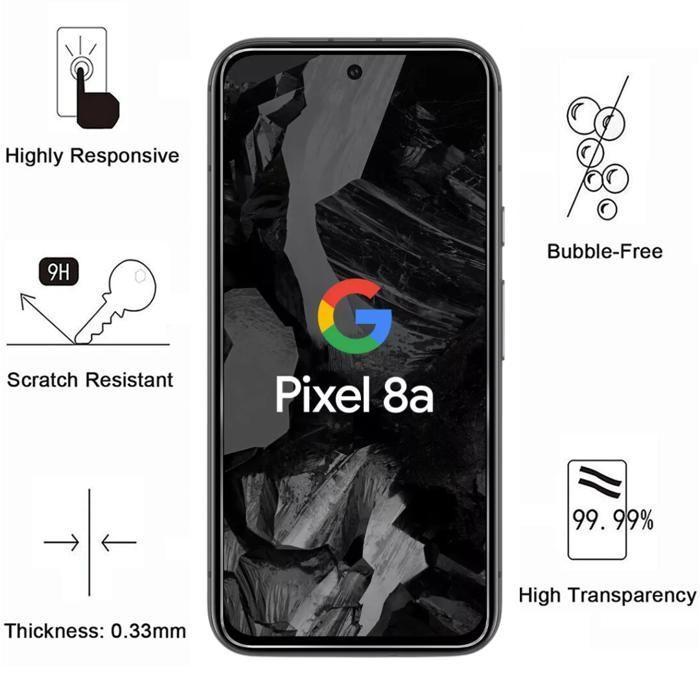 Screen Protector - Phonillico - Google Pixel 8a - 2 Pack - Tempered Glass - Scratch Resistant