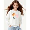 Kids Girls Crewneck Sweatshirt, Minimalist Orange And Pink Simple Flower Print Soft Fleece Pullover