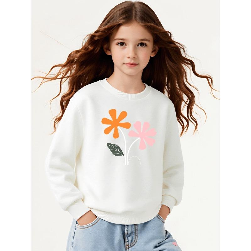 Kids Girls Crewneck Sweatshirt, Minimalist Orange And Pink Simple Flower Print Soft Fleece Pullover