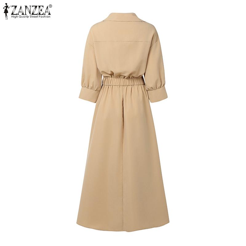 ZANZEA Women Turn Down Collar Loose Casual 3/4 Sleeve Long Dress