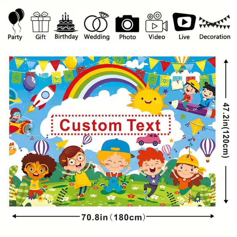 Custom Text Kids Backdrop, Colorful Cartoon Back To School Party Background