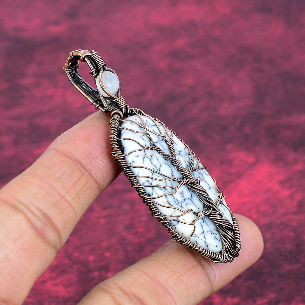 Tree Of Life Dendrite Opal Pendant Copper Wire Wrapped Rainbow Moonstone Jewelry