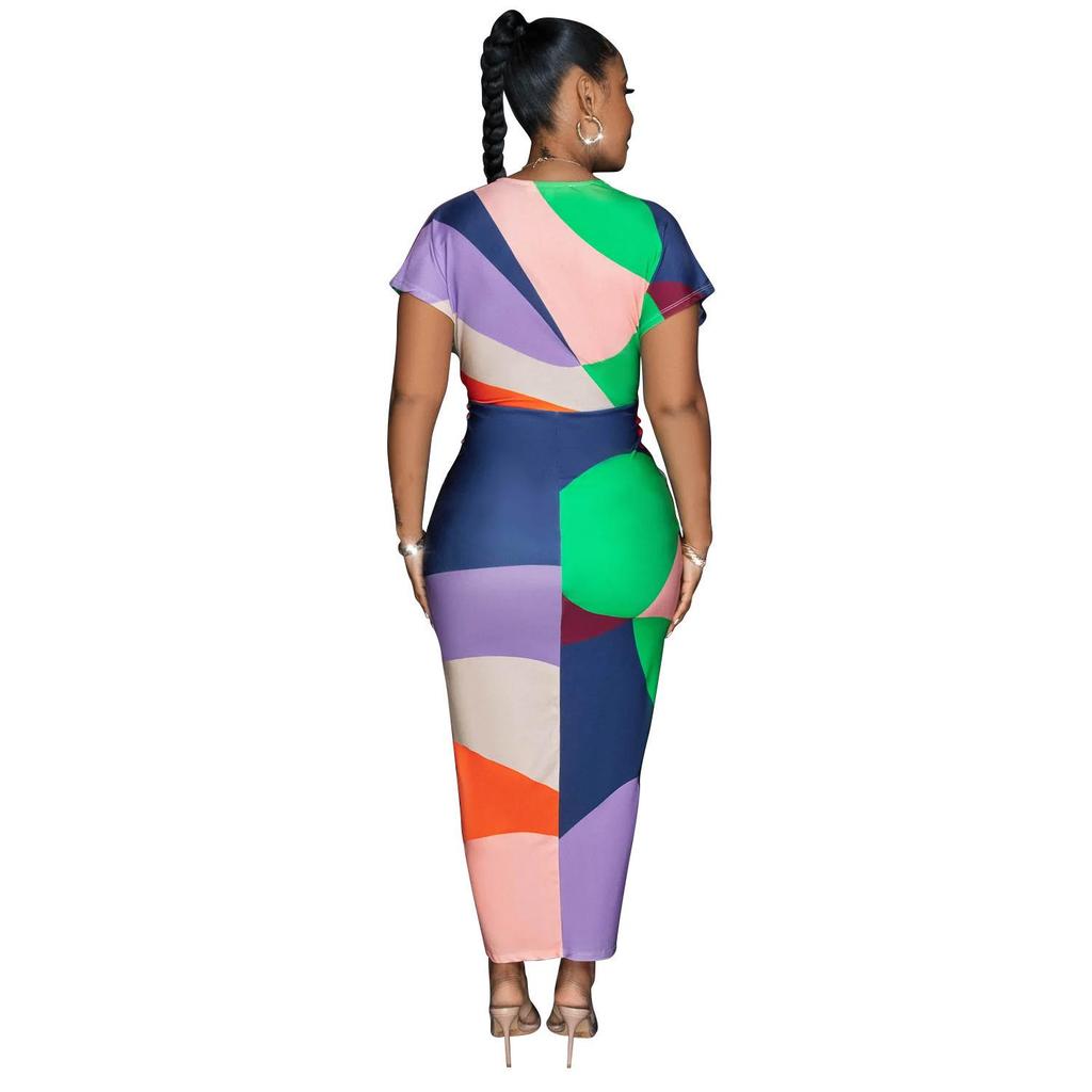 Women's European and American V-Neck Printed Slit Pleated Long Dress X6660