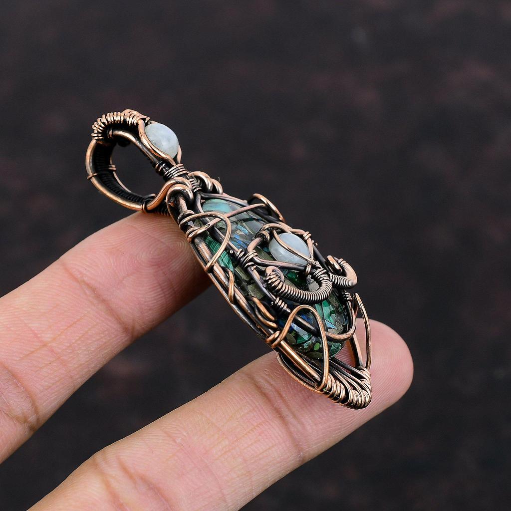 Copper Azurite Malachite Pendant Evil Eye Pendant Copper Wire Wrapped Rainbow Moonstone Pendant Gemstone Jewelry Handmade Brand New Pendant