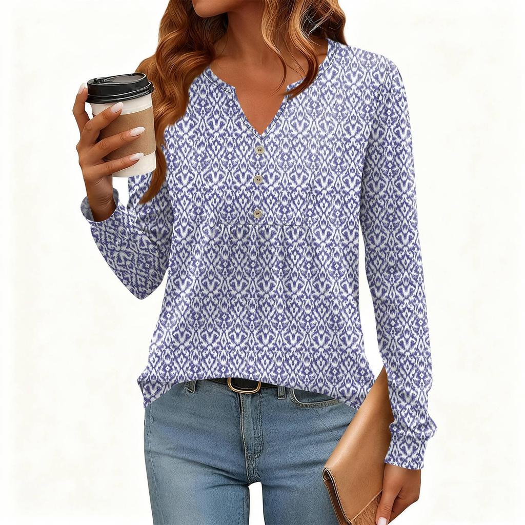 Women's Relaxed,Fit V,Neck Vintage Color,Blocked Floral Print Long,Sleeve Pullover Tee