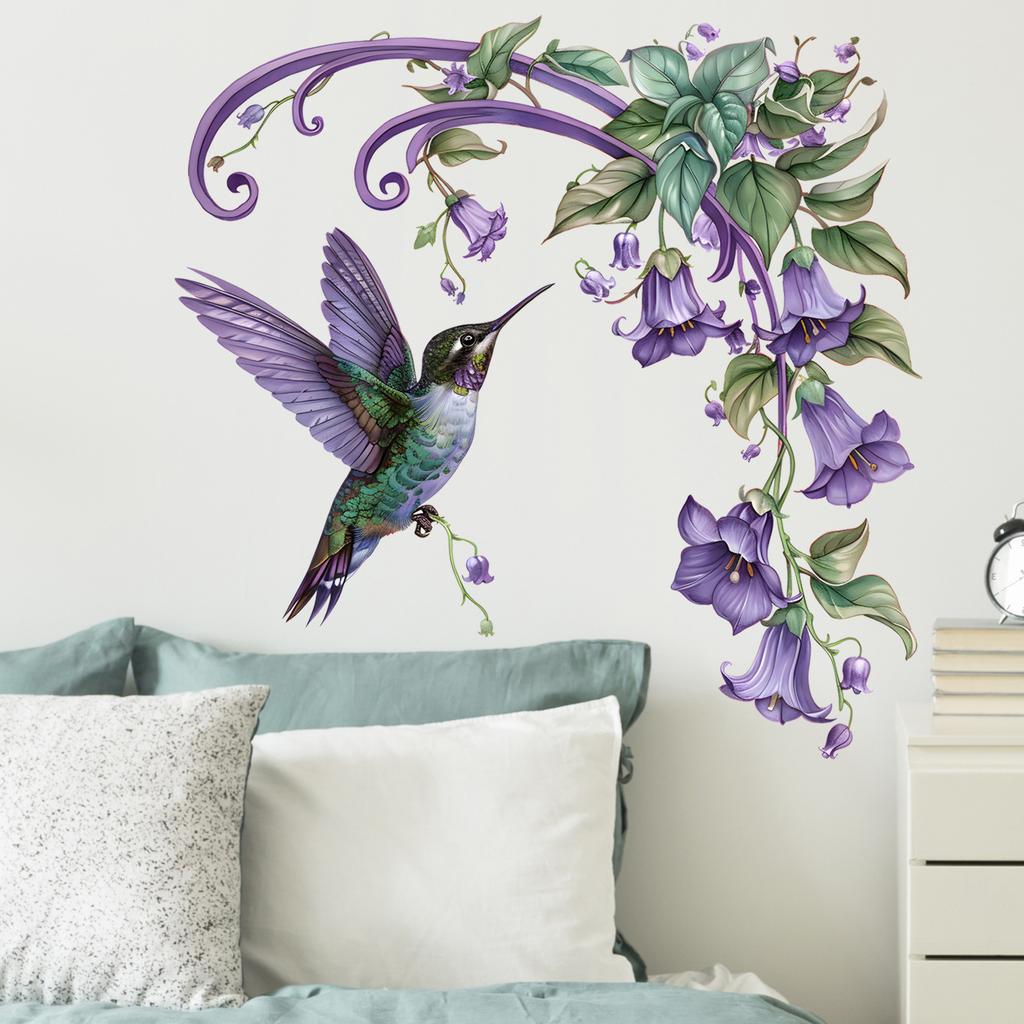 Creative Plant Flower Purple Hummingbird Wall Sticker Bedroom Headboard Living Room Sofa Background Wall Art