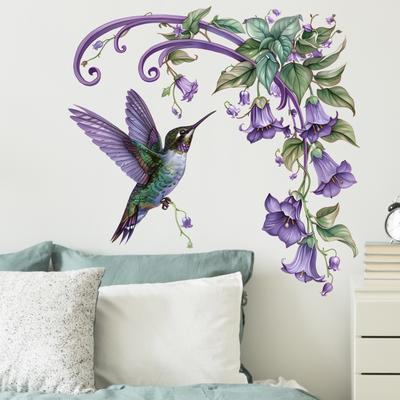 Creative Plant Flower Purple Hummingbird Wall Sticker Bedroom Headboard Living Room Sofa Background Wall Art