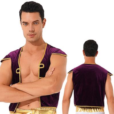 Mens Arabian Prince Costume Cap Sleeve V Neckline Braided Trimming Vest Waistcoat for Halloween Cosplay Dress Up Performance