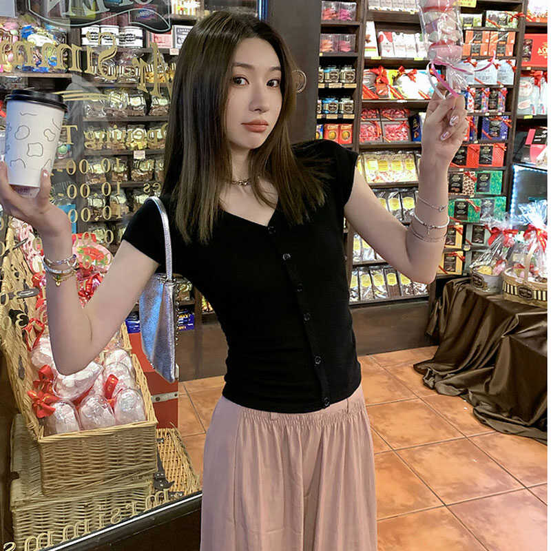 Summer V Neck Slim Fit Casual Knitted T-shirt Women Fashion Elegant Short Sleeve Tshirts Tops Office Lady Vintage Button Up Women's Tee Shirt 24845