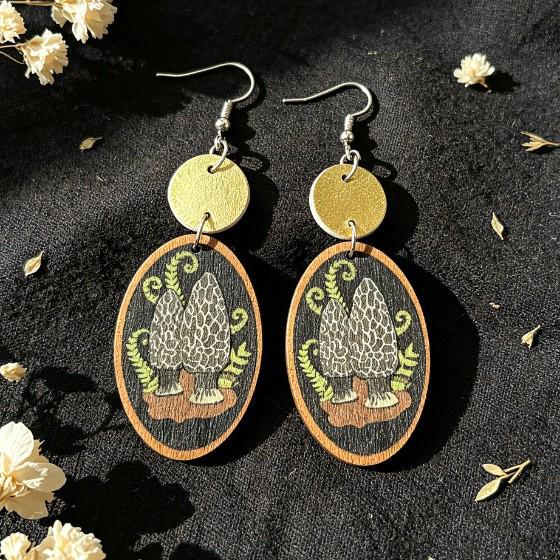 Retro Forest Mushroom Print Metal & Leather Wood Earrings