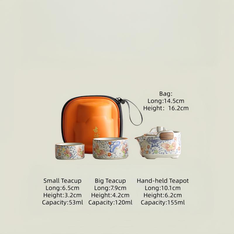 Ru Kiln Butterfly And Entangled Lotus Kuaike Cup Kung Fu Travel Tea Set One Pot Two Cups Portable Storage Bag Outdoor Tea Set Three-piece Set