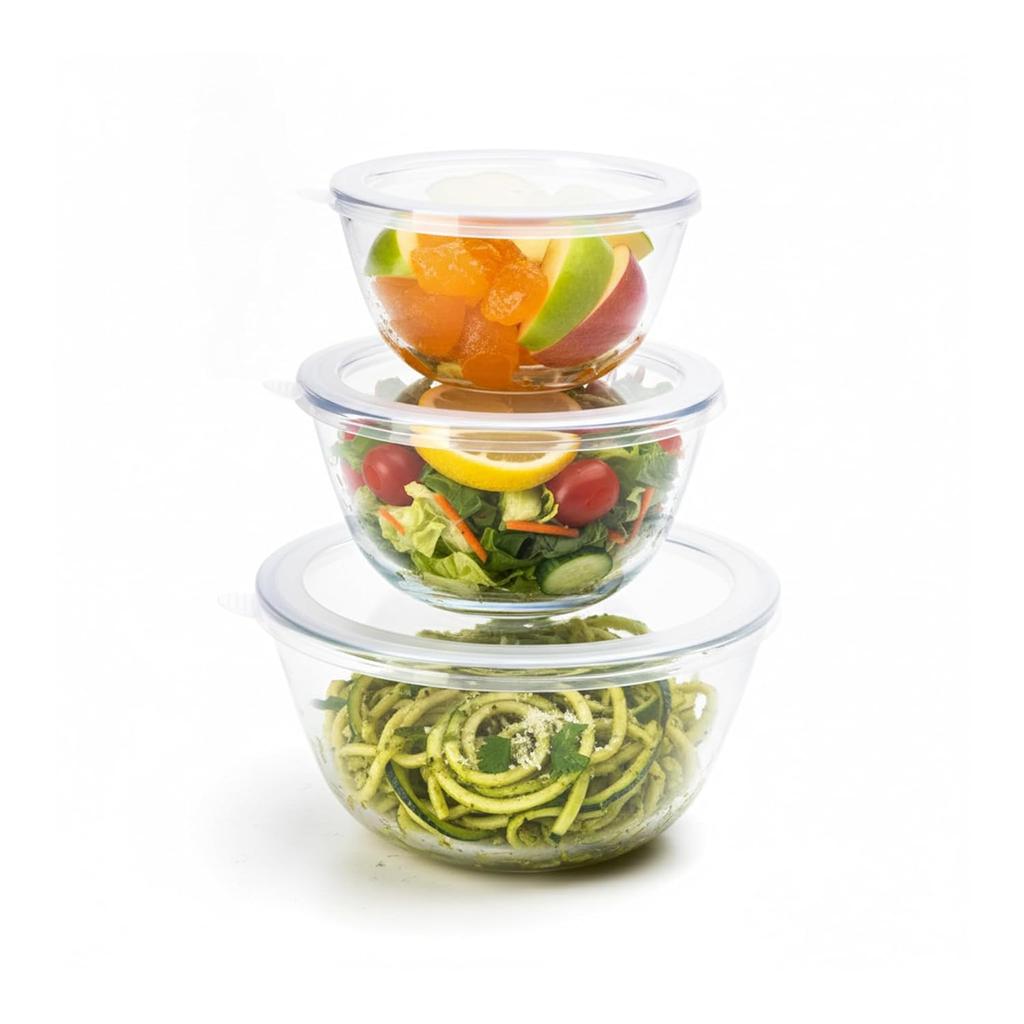 Borosilicate Glass Mixing Bowl with Lid, 3 Pcs Set (500ml, 800ml &1600ml), Serving Bowl, Transparent
