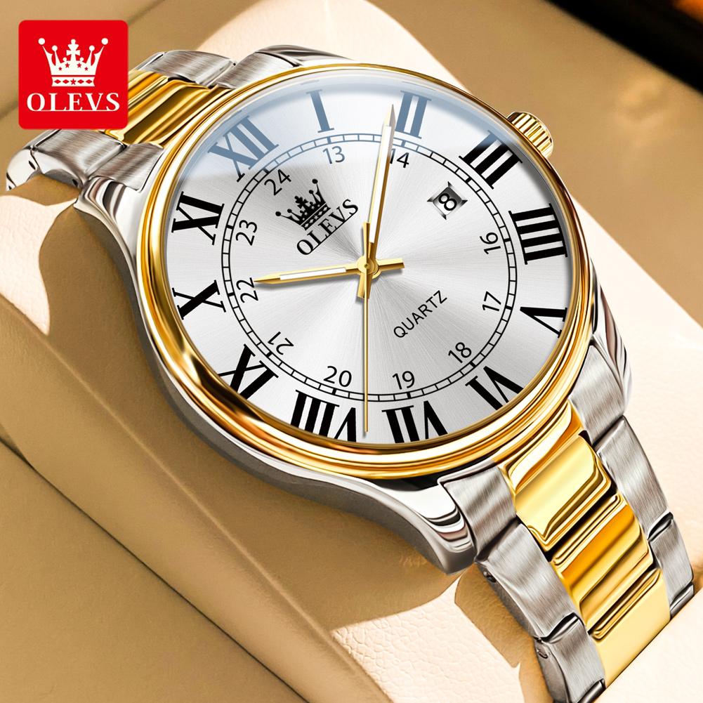 OLEVS Men's Watches Trend Fashion Gold Fine Steel Original Brand Quartz Wristwatch for Man Waterproof Luminous Date Roman Dial