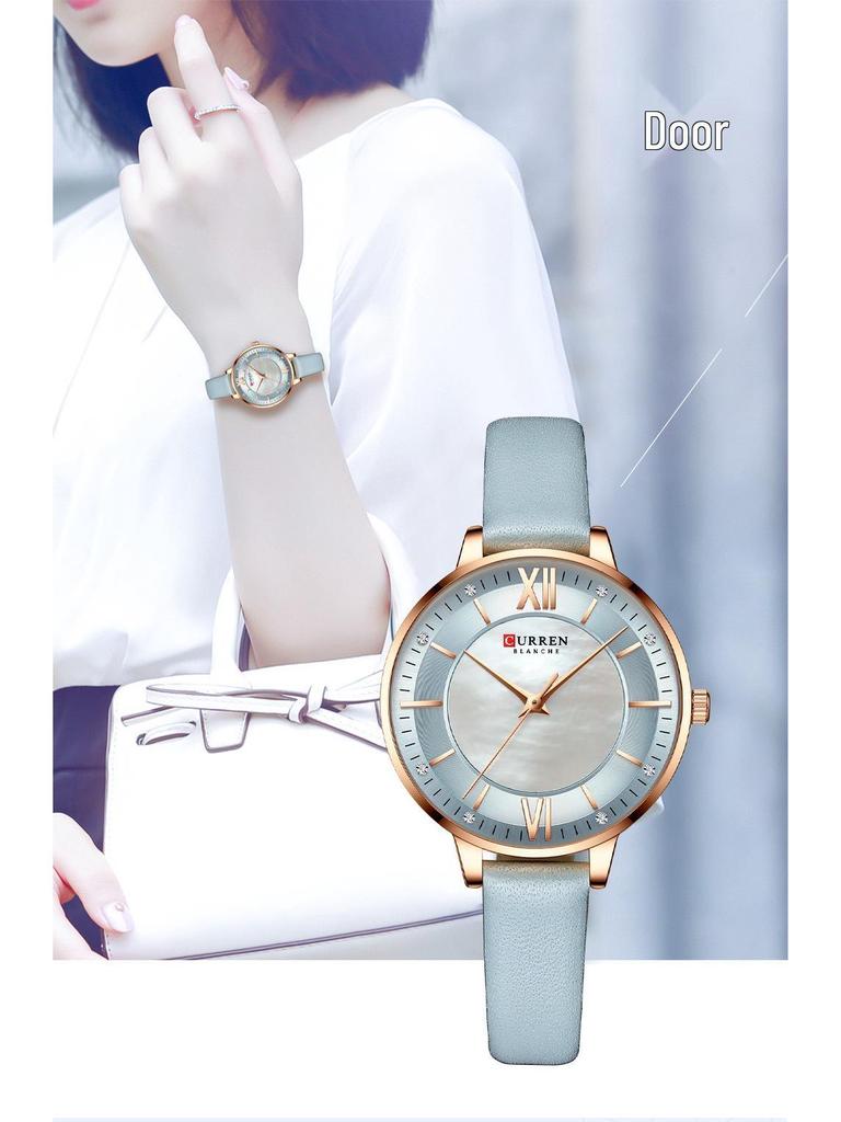 CURREN 9080 Damen Ultraflache Perlmutt Zifferblatt Wasserdichte Uhr mit Lederarmband