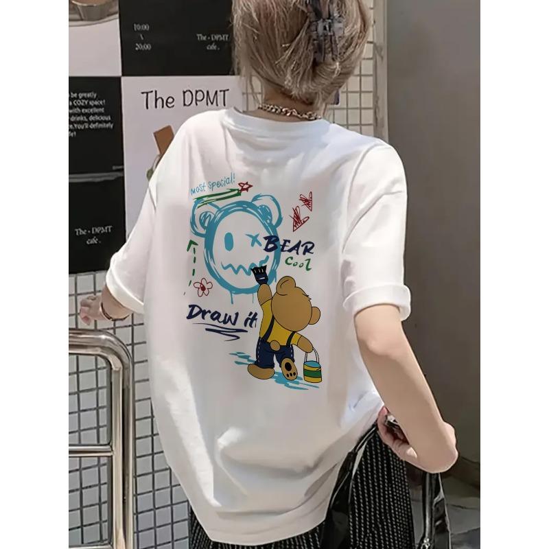 

Women s Summer Casual Loose-Fit Longline T-Shirt with Playful Cartoon Bear Graphic Back Print - Breathable Short Sleeve Round Neck Top , Bear T Shirt S белый