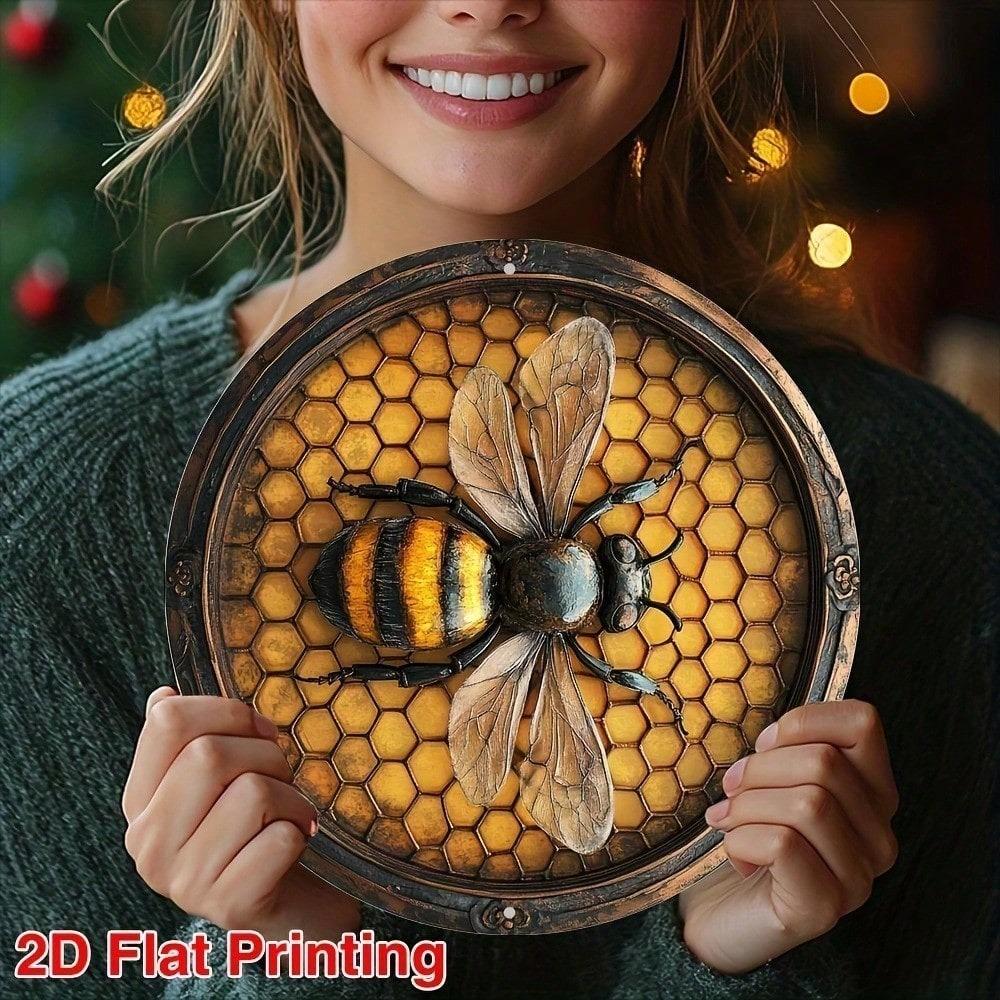 Vintage Bee Metal Wall Art Sign 8x8 Inch Rustic Aluminum Round Bee Decor Farmhouse Kitchen Hanging Plaque