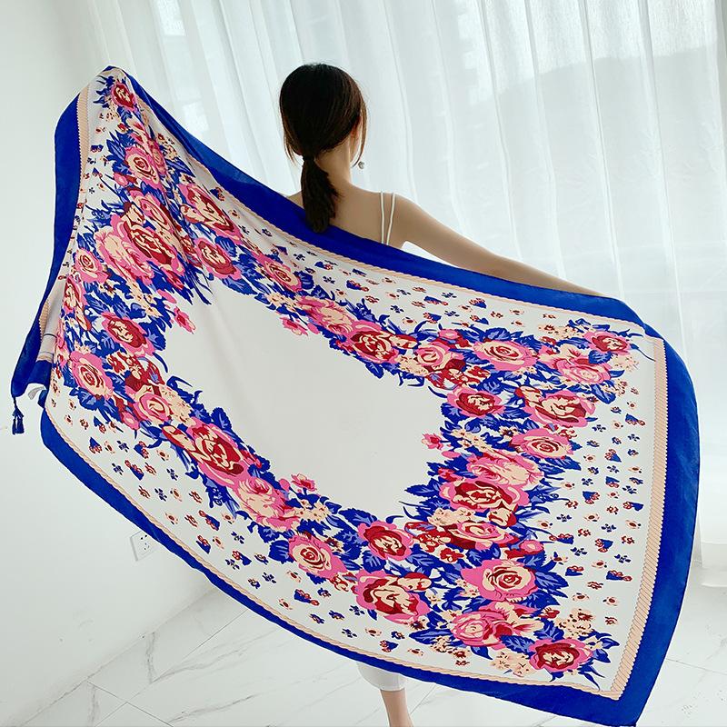 Live broadcast ethnic style sunscreen cotton and linen scarf multi-functional sunshade versatile shawl spring and autumn new satin printed silk scarf