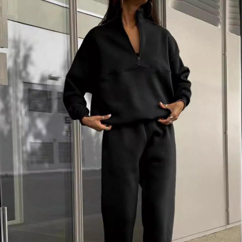 2025 European Autumn/Winter Fashion Zipper Lapel Solid Color Casual Two-Piece Set