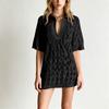 Casual V Neck Collared Short Sleeve Loose Fit Hollow Knit Mini Dress Lightweight Breathable Summer Wear