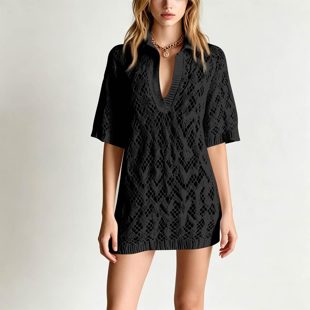 Casual V Neck Collared Short Sleeve Loose Fit Hollow Knit Mini Dress Lightweight Breathable Summer Wear