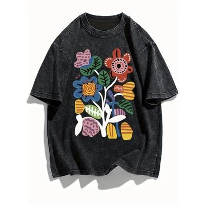 Retro Washed Abstract Floral Print T-Shirt Casual Crew Neck Ethnic Art Flower Graphic Tee Top