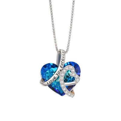 [Pinannie] 925 Sterling Silver Heart-Shaped Blue Crystal Necklace with "I Love You Forever" Engraving - Women's Pendant with Zirconia Decoration -