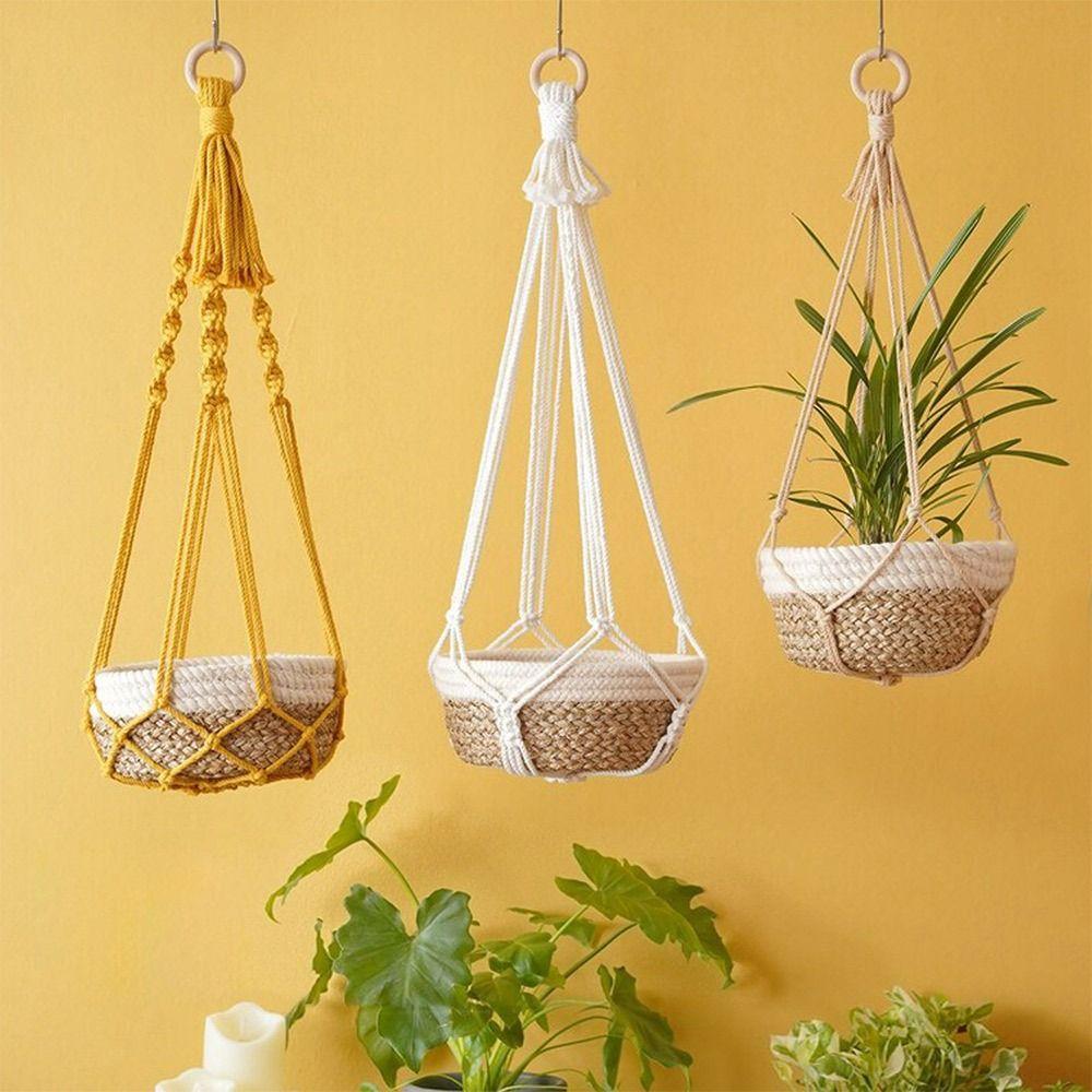 for Indoor Living Room Balcony Macrame Plant Hangers Handmade Beige Color Hanging Basket Cotton Rope