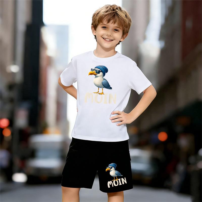 

Boys 2 Piece Moin Seagull Pattern Print Outfit, Short Sleeve T-Shirt and Shorts Set for Kids Age 5-14,Black and White Sporty Casual Summer Clothes 13-14 Years