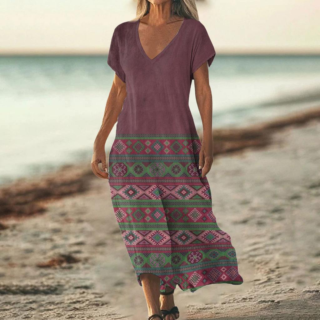 Fashion Women's Summer V-neck Short Sleeve Cotton And Linen Vintage Floral Print Beach Dress